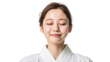 a young woman with closed eyes and a gentle smile is centered against a white background, wearing a white top, conveying peace and serenityの素材