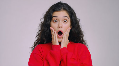 a woman with curly hair and a red sweater is expressing surprise with her hands on her cheeks and an open mouth, showing a strong emotional reaction.の素材