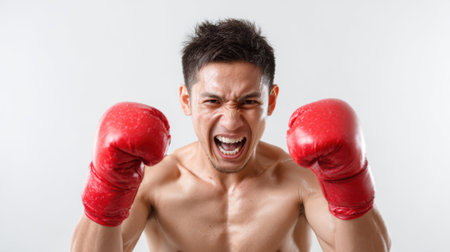 a shirtless asian boxer with red gloves yells with determination. he is set against a stark white background, highlighting his intense expressionの素材