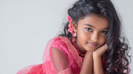 a beautiful portrait of a young girl with dark curly hair, wearing a pink dress and floral hair accessory, looking directly at the camera indoorsの素材