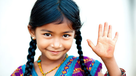 a delightful studio shot of a young girl with braids, smiling and waving her hand against a clean white backdrop, radiating pure innocenceの素材