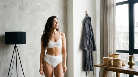a woman in white underwear stands in a room with a lamp robe and window looking to the side smiling and posing for the camera in a bright spaceの素材