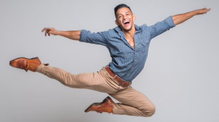 a man joyfully leaps in the air with arms outstretched, wearing a blue striped shirt, khaki pants, and brown shoes against a light gray backgroundの素材