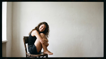 a woman with curly hair sits on a wooden chair, embracing her knees in front of a white wall, creating a minimalist and serene indoor portraitの素材