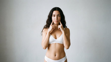 a woman in white lingerie with long dark hair is touching her face with her fingers against a plain light gray background in a studio settingの素材