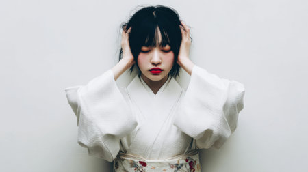 a woman in a white kimono with her hands on her head, red lipstick, against a white background wall, in a portrait fashion style imageの素材