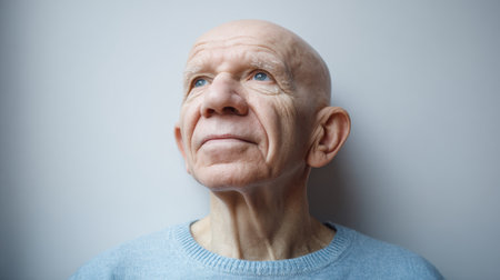 a close up shot of an elderly bald man with blue eyes looking up, wearing a blue sweater against a white background, showing wrinkles and agingの素材