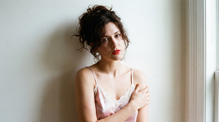 a woman with dark hair in a messy bun wearing a pink top is posing against a white wall near a window with red lipstick and makeup on her faceの素材