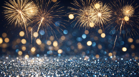 a captivating scene featuring golden fireworks illuminating the night sky, set against a backdrop of bokeh lights and a shimmering silver glitter surfaceの素材