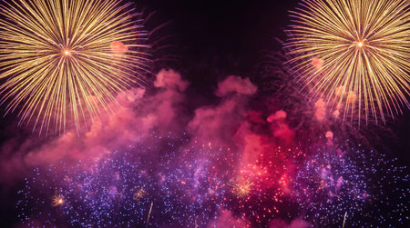 a vibrant display of fireworks illuminates the night sky with golden bursts and colorful smoke, creating a festive and celebratory atmosphereの素材