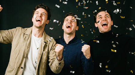 three men are celebrating under falling confetti, their faces beaming with joy and excitement against a dark backdrop, showcasing a moment of triumphの素材