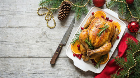 a roasted chicken is garnished with oranges and cranberries on a platter surrounded by christmas decorations on a rustic wooden surfaceの素材