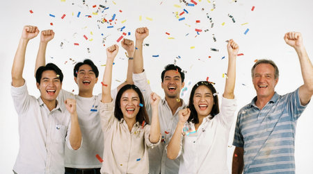 a group of diverse people are celebrating a victory with confetti falling around them as they raise their arms in a joyful and excited mannerの素材