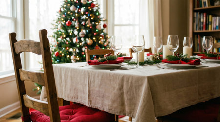 a festive Christmas dinner table is set with red napkins and greenery, a decorated tree in the background, and a wooden chair nearby.の素材