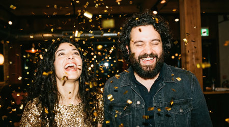 a joyful couple is celebrating with golden confetti falling around them, capturing a moment of happiness and togetherness in an indoor settingの素材