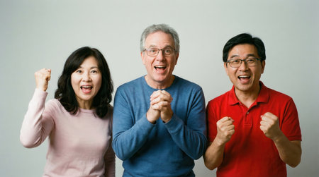 three people are cheering with their fists raised in excitement. they are looking at the camera and smiling, showing their happiness and joy.の素材