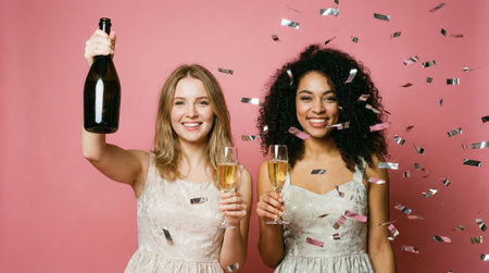 two smiling women are celebrating with champagne and confetti against a pink backdrop, creating a festive and joyous atmosphere for the eventの素材
