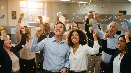 A diverse group of coworkers are celebrating a success in their modern office with confetti and raised fists, showing their joy and excitement.の素材