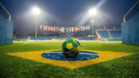 a soccer ball rests on a field painted in Brazilian flag colors, illuminated by stadium lights, with international flags in the background.の素材