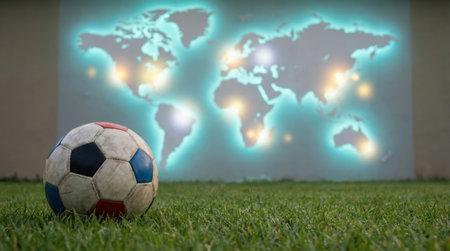 a soccer ball sits on green grass with a world map in the background, illuminated with blue outlines and yellow light spots on the continentsの素材