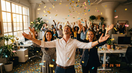 a diverse group of colleagues celebrate a success with confetti falling in a modern office, showing teamwork and joyful achievement togetherの素材
