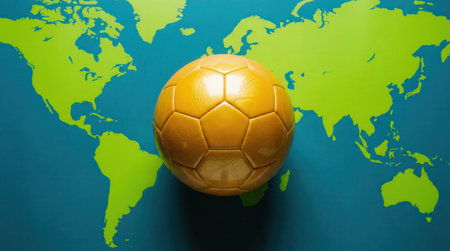 a golden soccer ball is placed on a world map with green continents and a blue sea, creating a vibrant and symbolic representation of the gameの素材