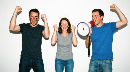 three belgium soccer fans cheering with face paint and a megaphone in front of a white background, showing their support and excitement for their teamの素材
