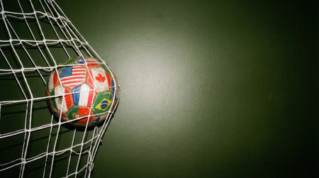 a soccer ball with various country flags printed on it is caught in a white net set against a dark green background with copy space on the rightの素材