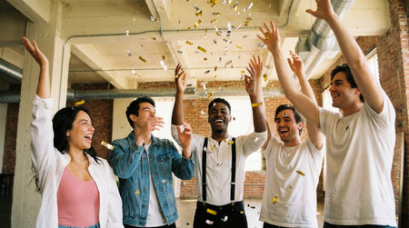 a group of diverse young adults are celebrating with confetti, raising their hands and smiling in a bright indoor space, filled with joy and excitementの素材