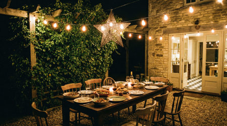 a beautifully set outdoor dinner table under string lights and a star decoration, creating a warm and inviting ambiance for an evening gatheringの素材