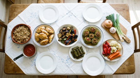 a table is set with a variety of delicious dishes, including stuffed peppers, dolmades, and grilled vegetables, all on a white tablecloth.の素材