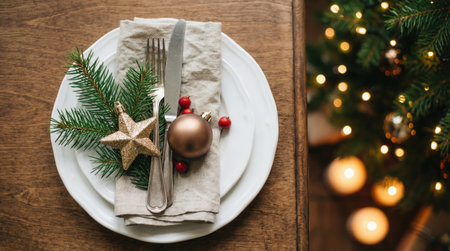 a christmas place setting featuring a plate with silverware, ornaments, and a fir branch, set against a backdrop of a christmas tree with lightsの素材