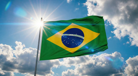 Brazil flag waving in the wind against a blue sky with sunraysの素材
