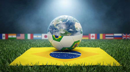 a soccer ball with an earth texture sits on a brazil flag, with international flags in the background, all on a green grass field.の素材