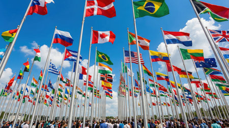 a collection of world flags waving in the wind under a blue sky, symbolizing unity and diversity among nations in a vibrant outdoor settingの素材