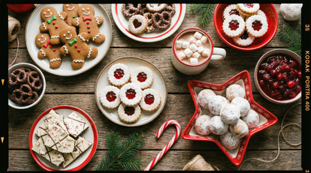 a festive display of Christmas treats, including gingerbread men, jam cookies, and snowball cookies, arranged on a rustic wooden surface for the holidaysの素材
