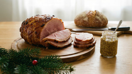 a delicious sliced ham on a wooden board with bread and mustard, a festive meal with Christmas tree branch on the table, ready to be servedの素材