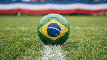 a close up shot of a soccer ball with the brazilian flag on it sitting on the green grass of a soccer field near a white line in a gameの素材