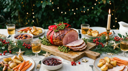 a christmas dinner table is set with a ham roast potatoes carrots and cranberry sauce for a festive and delicious holiday celebration mealの素材