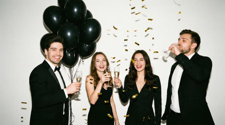 group of friends celebrating a special occasion with champagne and black balloons under falling gold confetti, dressed in formal attire indoorsの素材