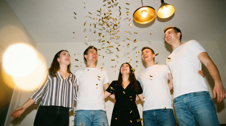a group of five friends are celebrating under hanging lights with falling confetti, all smiling and dressed casually in an indoor setting.の素材