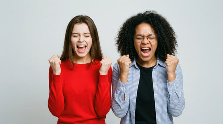 two women are cheering with their fists raised in excitement. they are against a plain background in a studio setting, radiating joy and successの素材