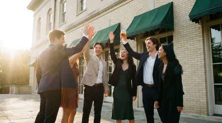 a group of people are celebrating outside a building with high fives and a beer in the golden hour light, showing teamwork and achievementの素材