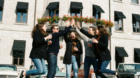 a group of friends are celebrating with a high five in front of vintage cars and a building facade, showing happiness and togetherness outsideの素材