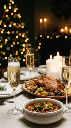 Christmas dinner with meat, mushrooms and wine on table in decorated roomの素材