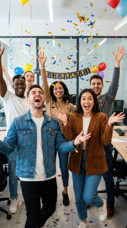 multiethnic startup business team celebrating success at office with confettiの素材