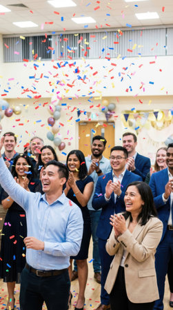 Business people celebrating success with confetti at corporate party in the officeの素材