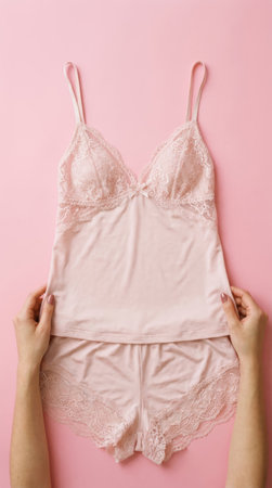 Woman's hands holding pink lace lingerie over pink background, top viewの素材