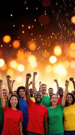multiethnic group of happy people with raised hands over fireworks backgroundの素材