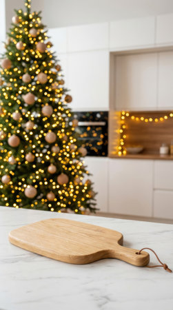 Wooden cutting board on white marble table in modern kitchen with christmas tree in backgroundの素材